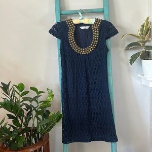 Trina Turk Bonita Backgammon Crochet Lace Dress in Navy, XS